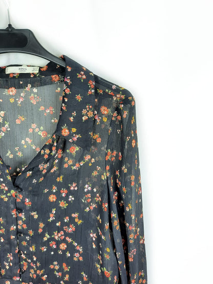 MANGO. Black floral semi-sheer dress T.xs