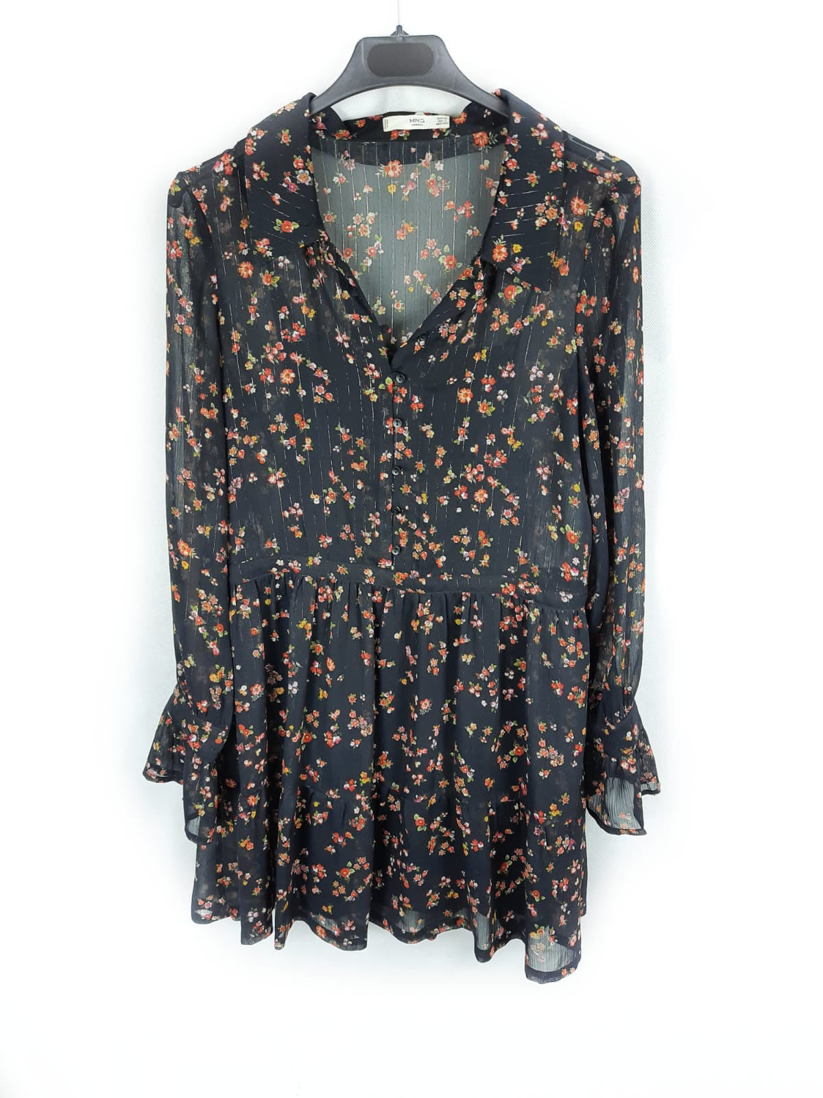 MANGO. Black floral semi-sheer dress T.xs