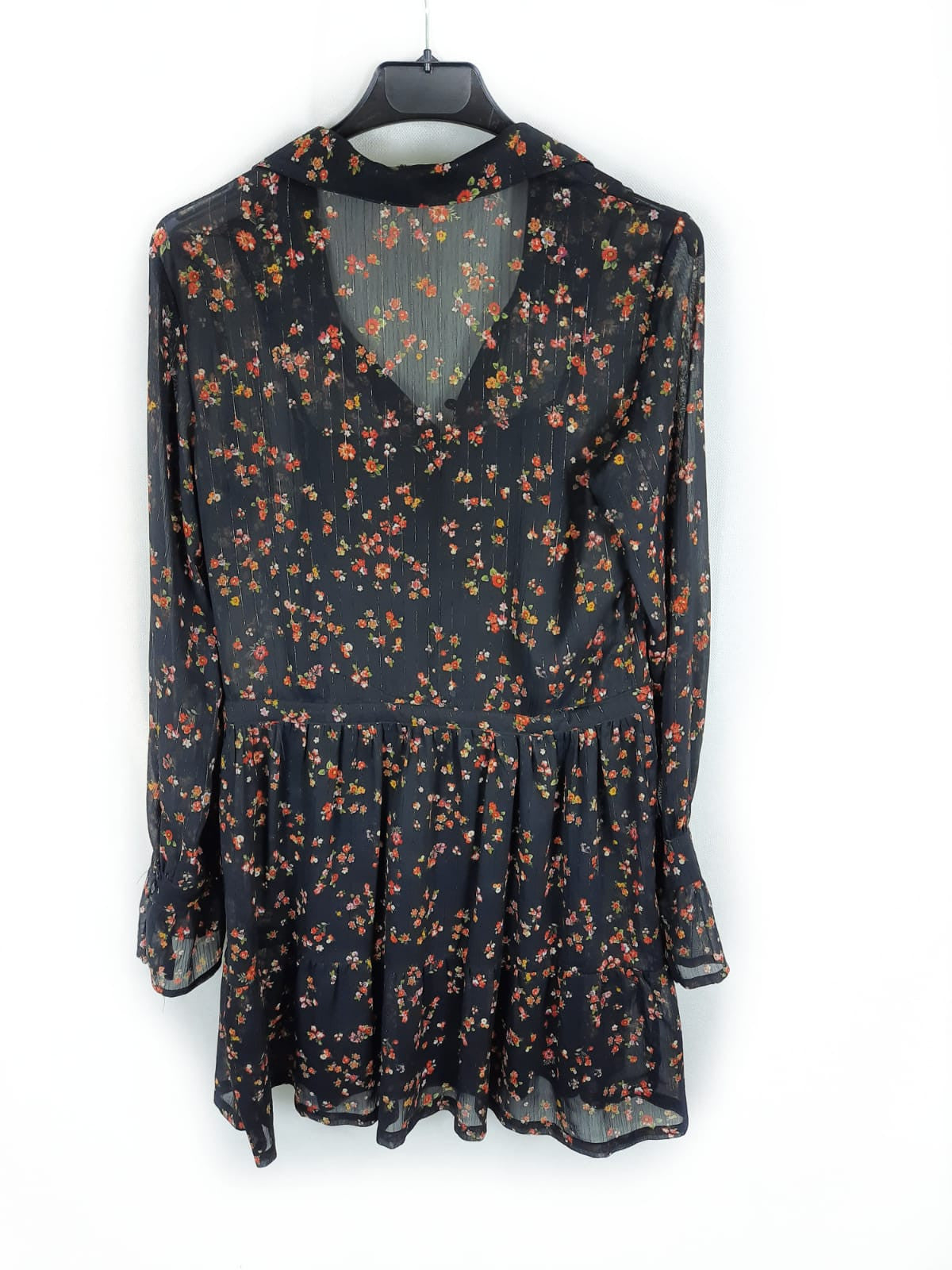 MANGO. Black floral semi-sheer dress T.xs