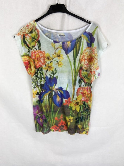 EXPRESS. White floral print cropped T-shirt T.xs