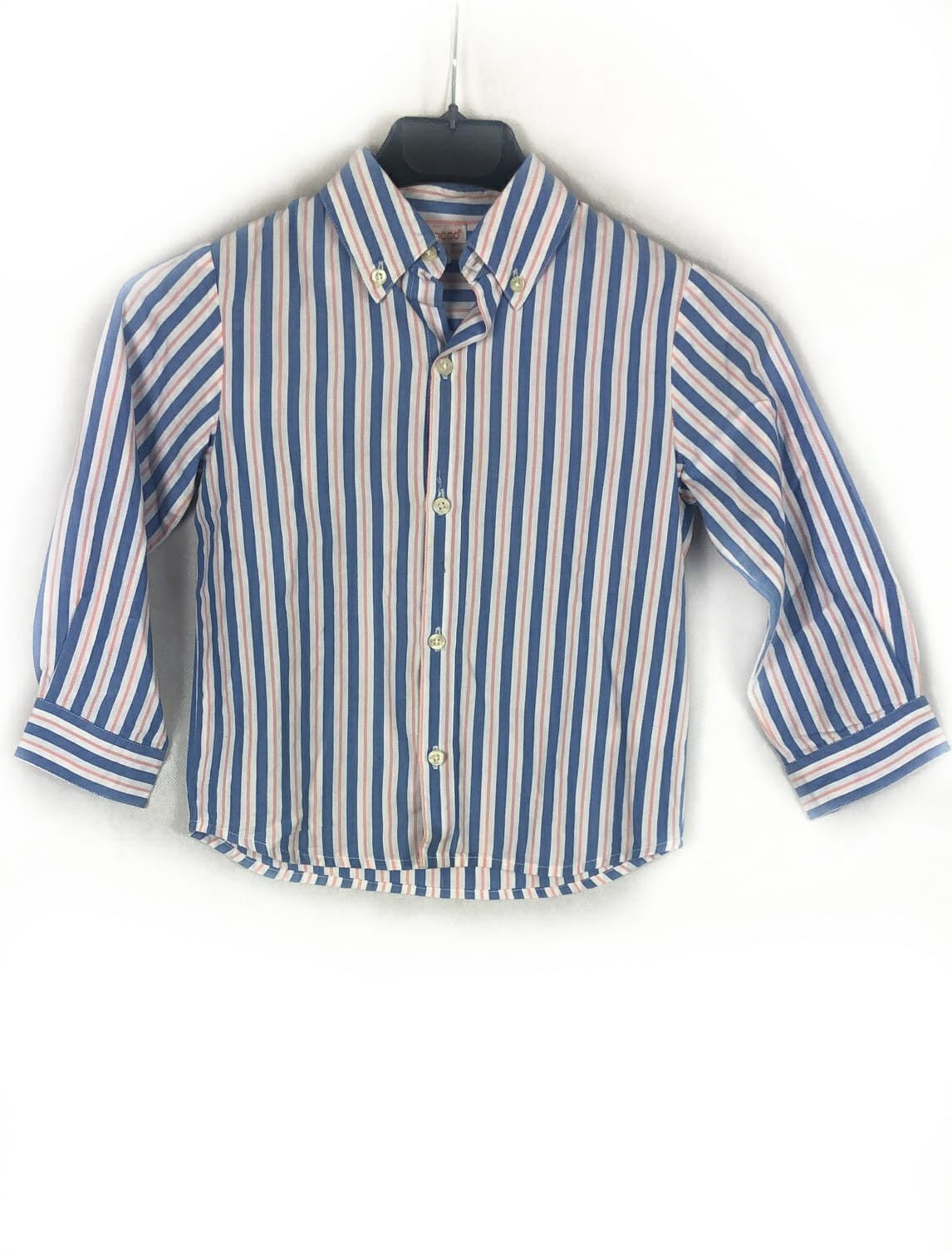 GOCCO. Blue, white, and salmon striped shirt, 3-4 years