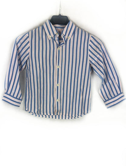 GOCCO. Blue, white, and salmon striped shirt, 3-4 years
