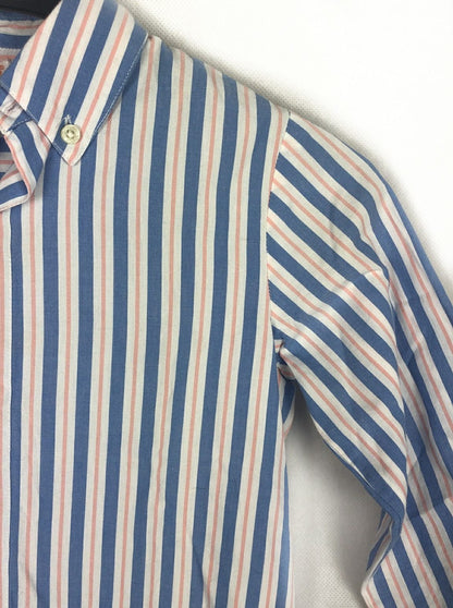 GOCCO. Blue, white, and salmon striped shirt, 3-4 years