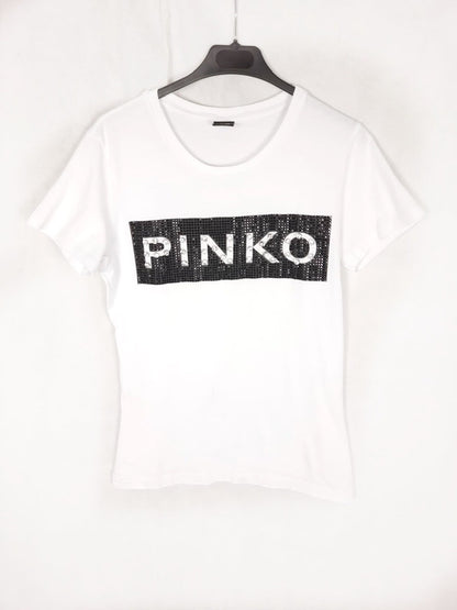 PINKO. Camiseta blanca basica pedreria T.36
