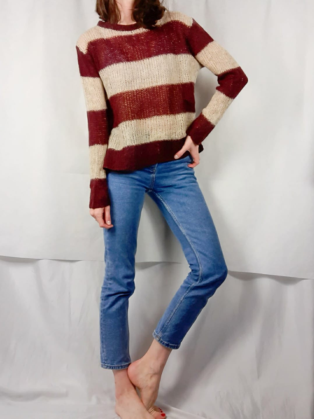 ZARA KNIT. Jersey rayas beige y burdeos T.m