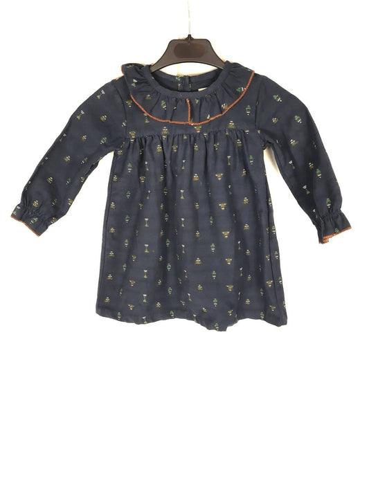 BONNETÀ POMPON. Blue dress with trees. Age 3