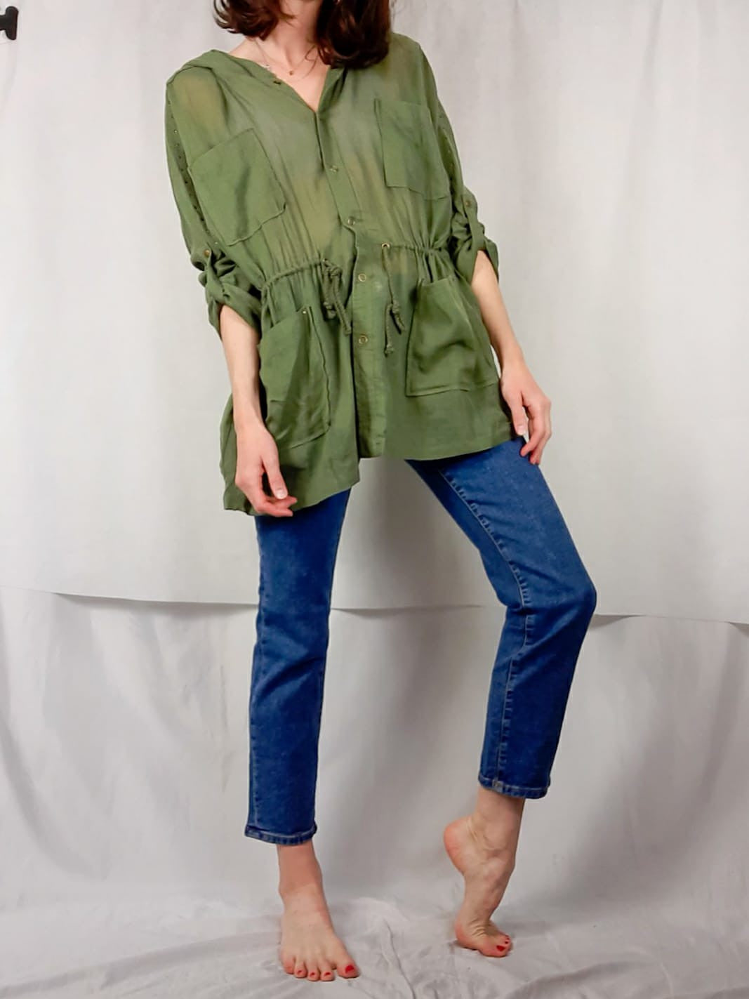 SFERA. Over green hooded linen shirt Tm
