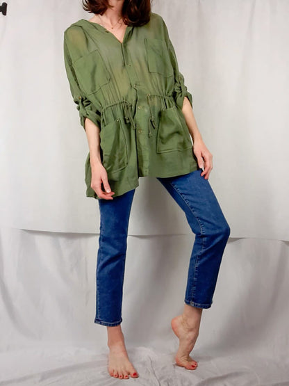 SFERA. Over green hooded linen shirt Tm