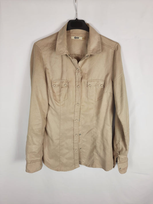 STRADIVARIUS.Sobrecamisa/camisa beige antelina T.m