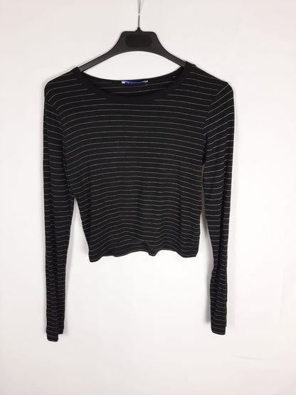 ZARA. top manga larga negro rayas T.m
