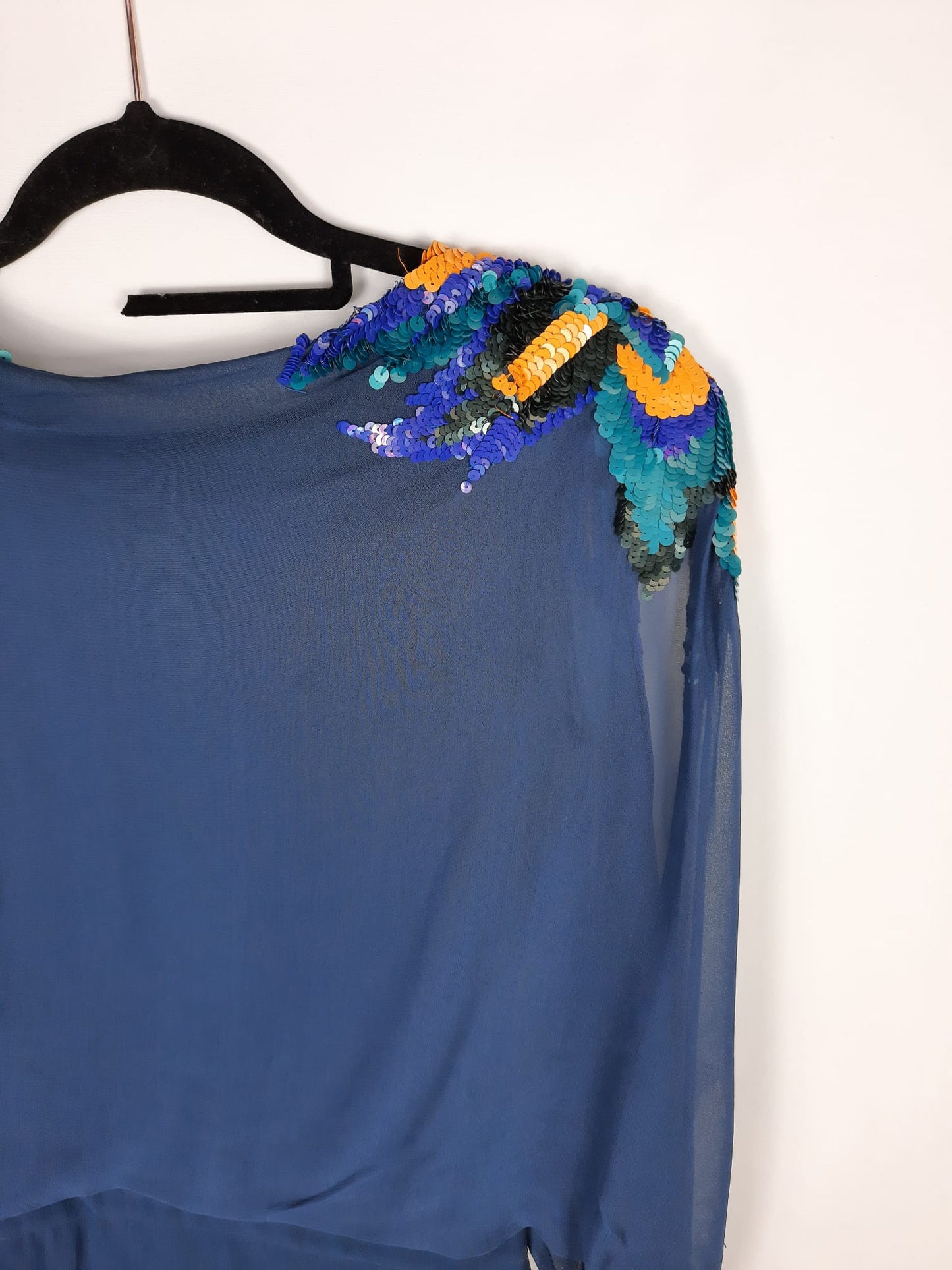 SFERA. Blue dress with sequin shoulder detailing.