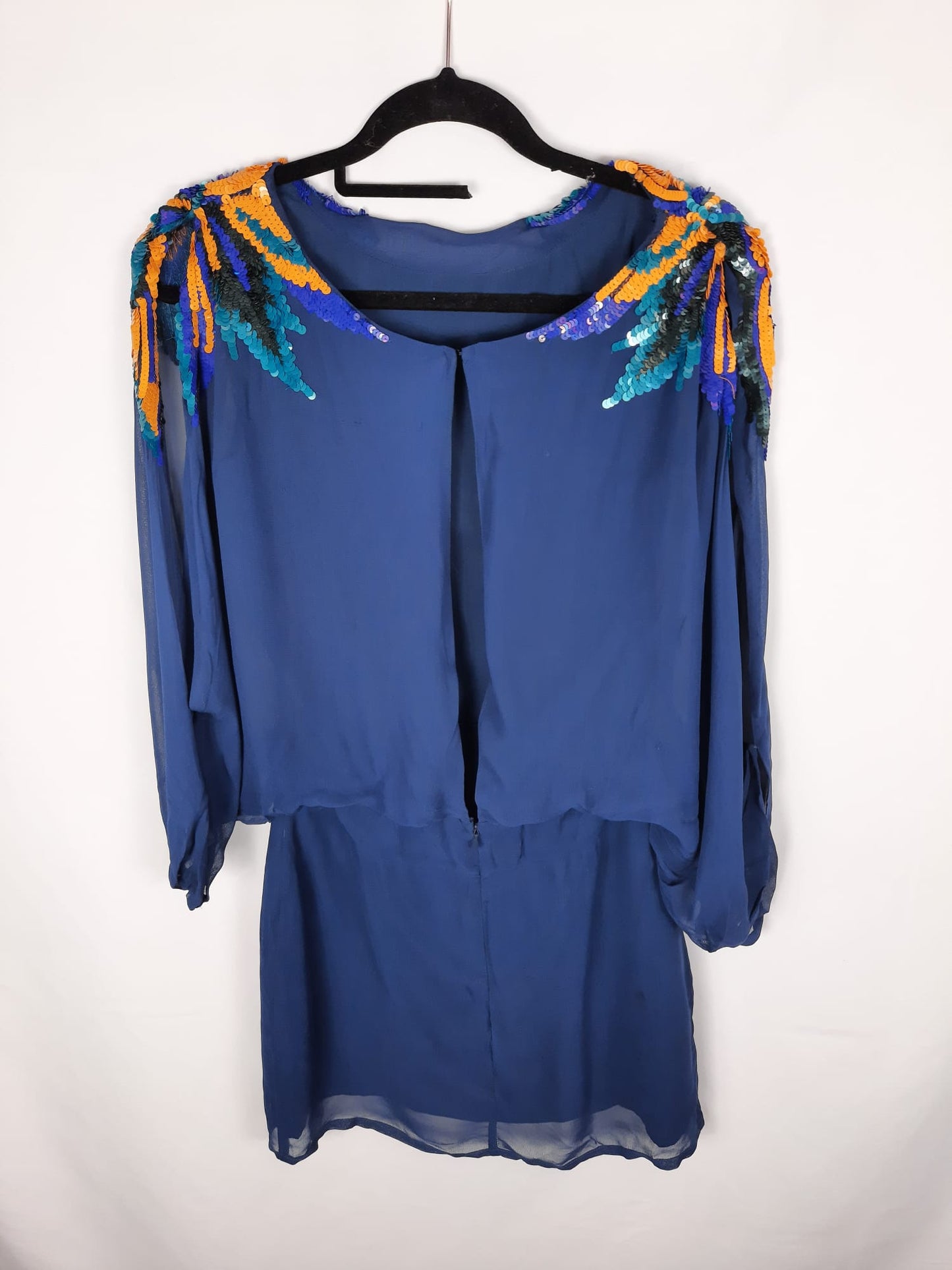 SFERA. Blue dress with sequin shoulder detailing.