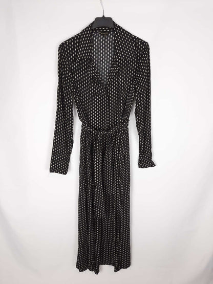 MASSIMO DUTTI. Vestido largo negro con topos color beige T.36