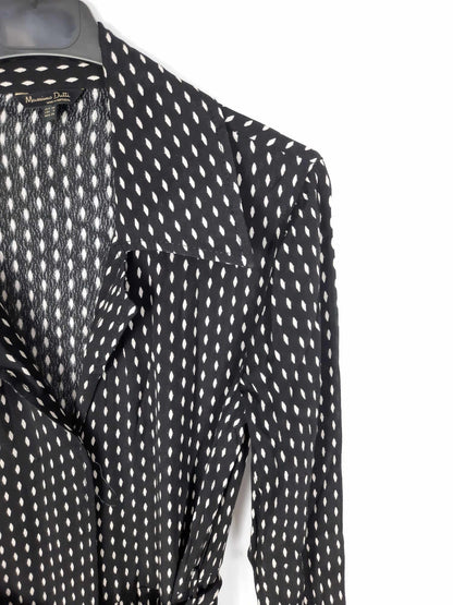 MASSIMO DUTTI. Vestido largo negro con topos color beige T.36