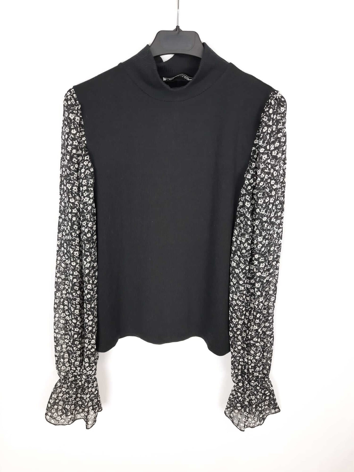 ZARA. Black double-textured sweater/top with floral print sleeves. Size m