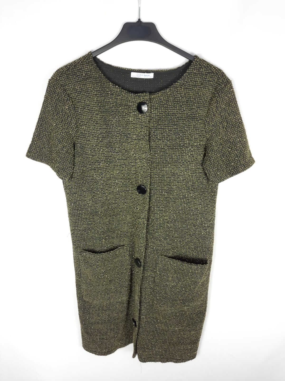 ZARA. vestido verde hilos dorados T.s