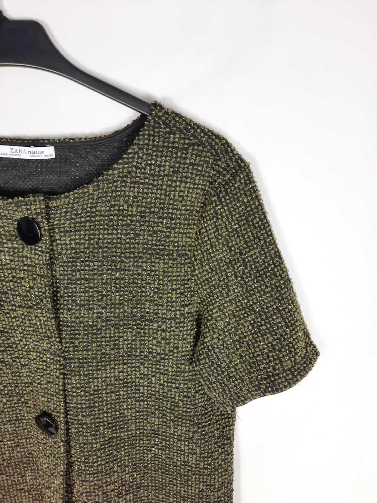 ZARA. vestido verde hilos dorados T.s