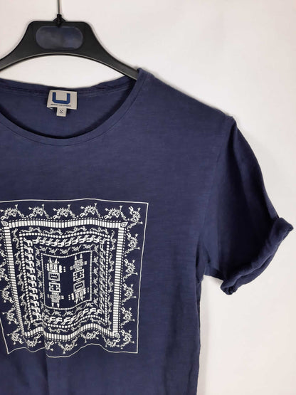 ADOLFO DOMINGUEZ. Basic navy blue T-shirt with front print.