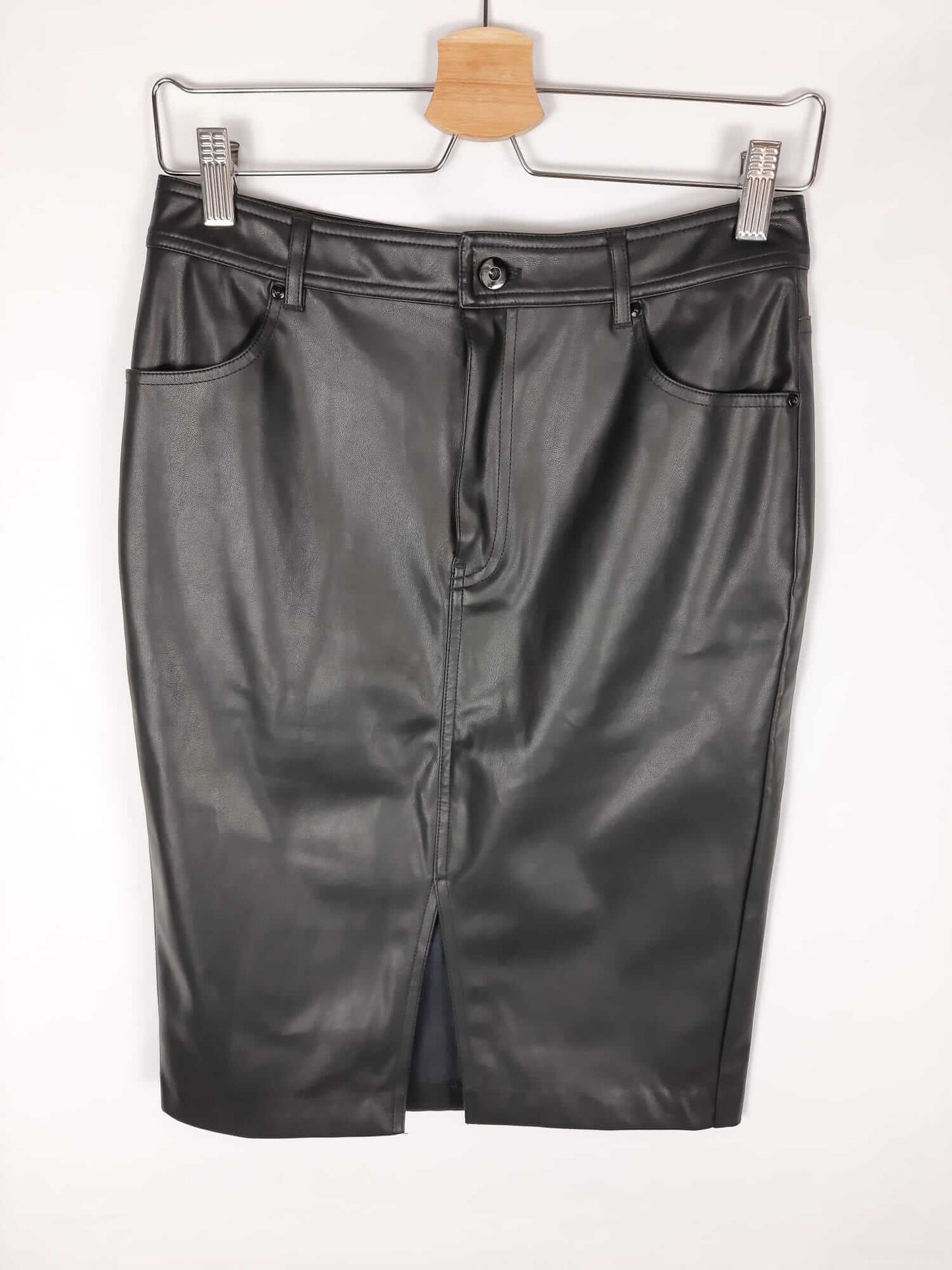MANGO. Black faux leather midi skirt S.
