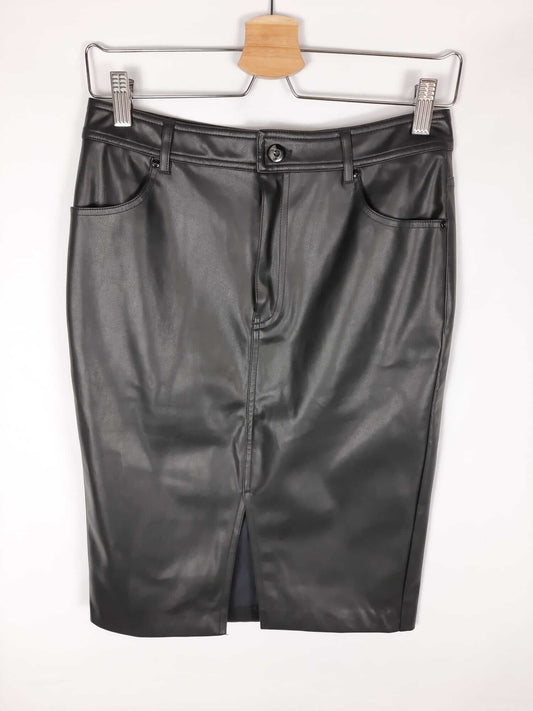 MANGO. Black faux leather midi skirt S.