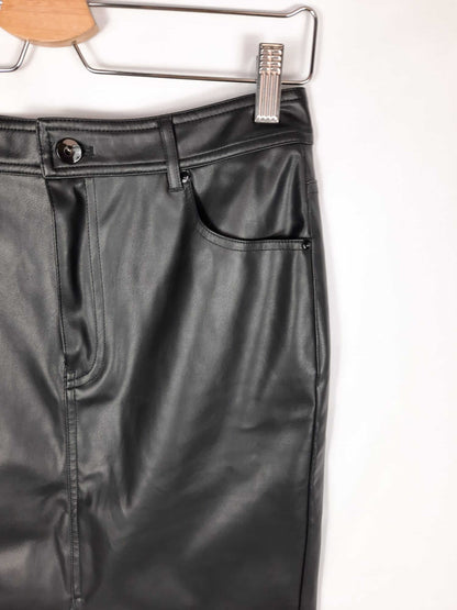 MANGO. Black faux leather midi skirt S.