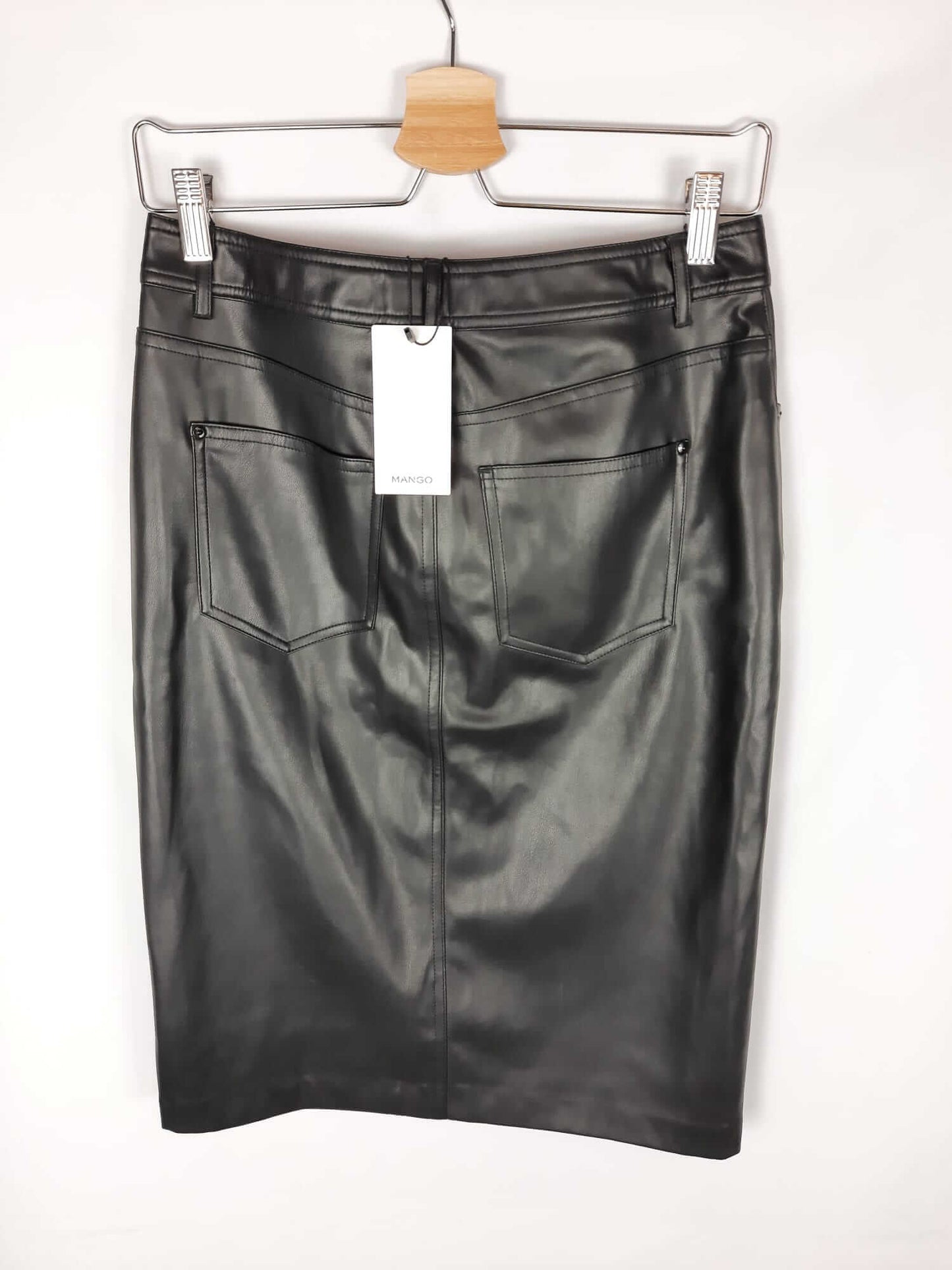 MANGO. Black faux leather midi skirt S.