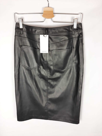 MANGO. Black faux leather midi skirt S.