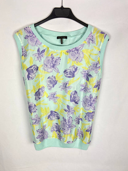 MASSIMO DUTTI. Turquoise blue blouse with double texture print T.xs