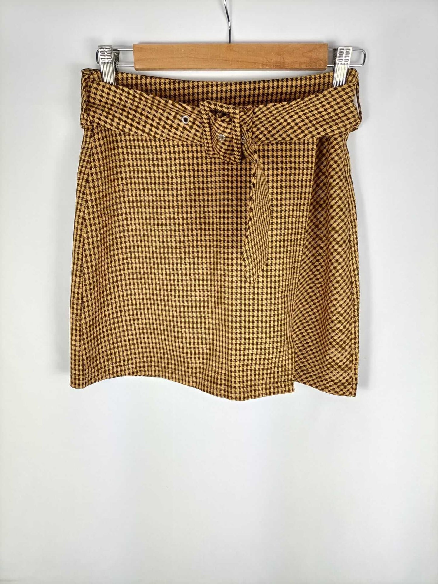 LOAVIES. Mustard houndstooth print short skirt S.xs