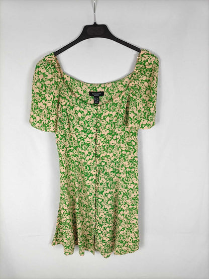 NEW LOOK. Vestido verde estampado flores beige T. 34
