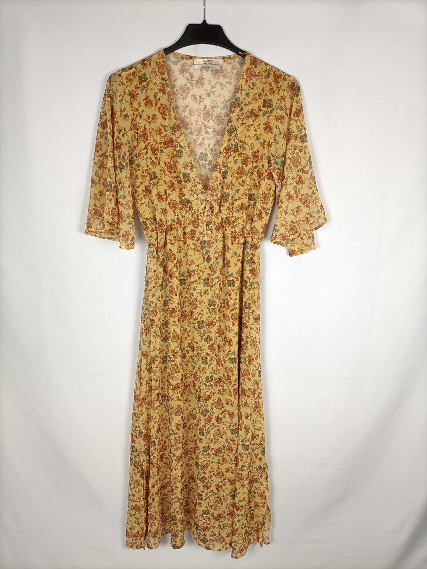 PULL&BEAR. Vestido mostaza  estampado flores T. m