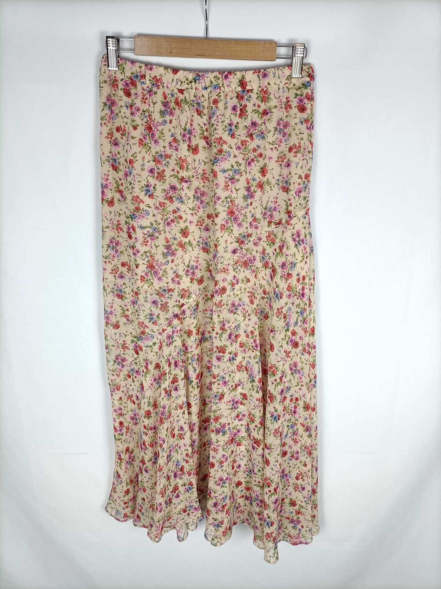 ZARA. Falda larga beige estampado flores rosas T. s