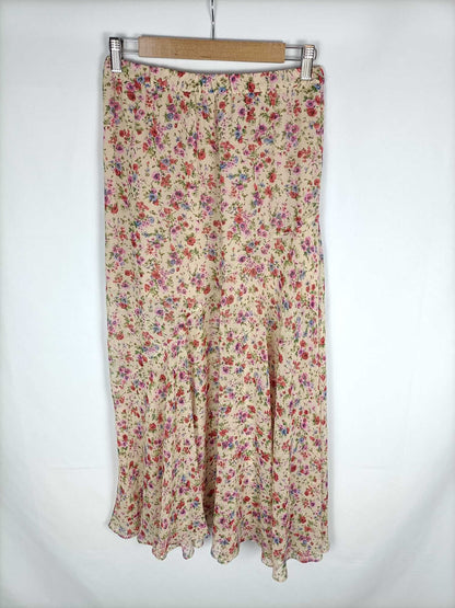 ZARA. Falda larga beige estampado flores rosas T. s