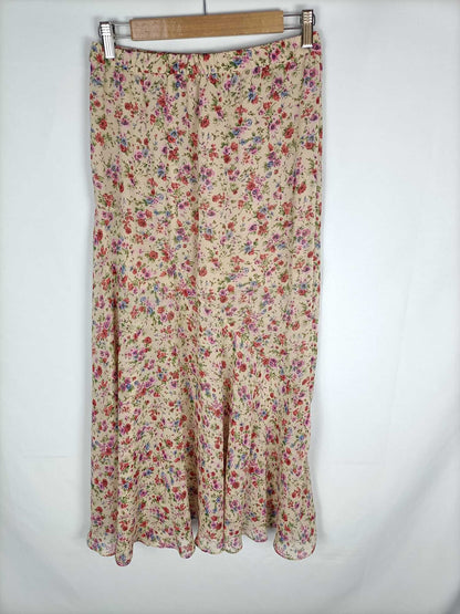 ZARA. Falda larga beige estampado flores rosas T. s