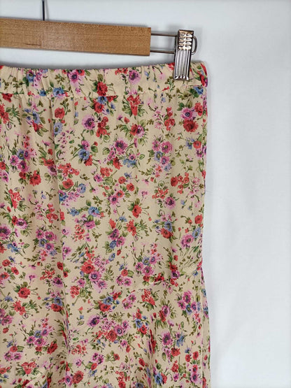 ZARA. Falda larga beige estampado flores rosas T. s