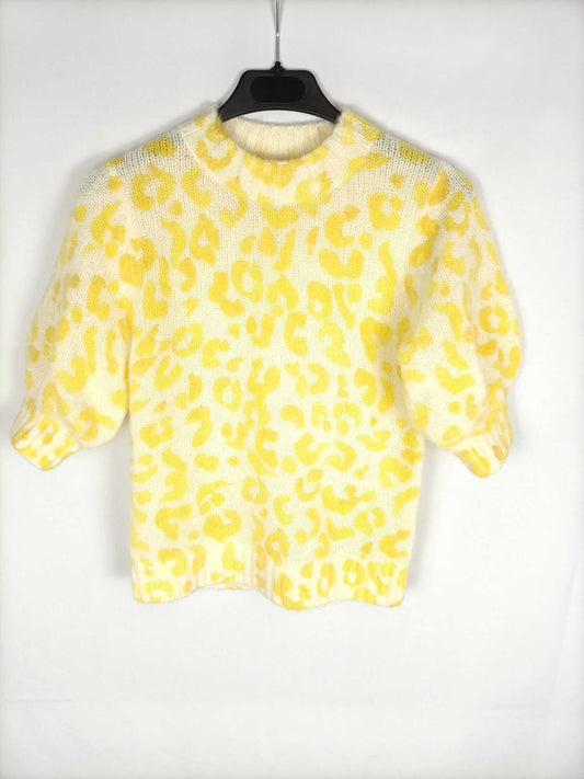 SEZANE. Yellow animal print short-sleeved sweater S. xs