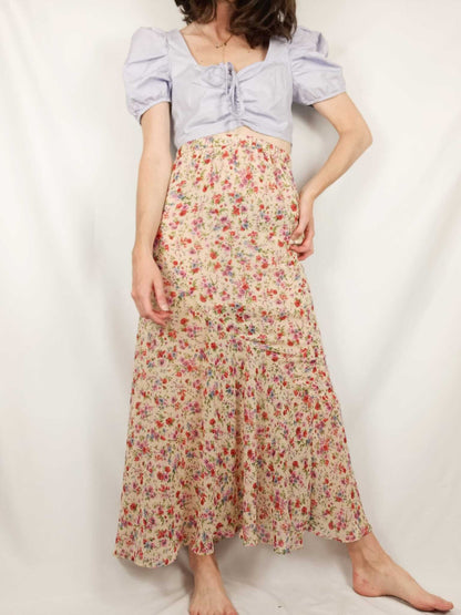 ZARA. Falda larga beige estampado flores rosas T. s