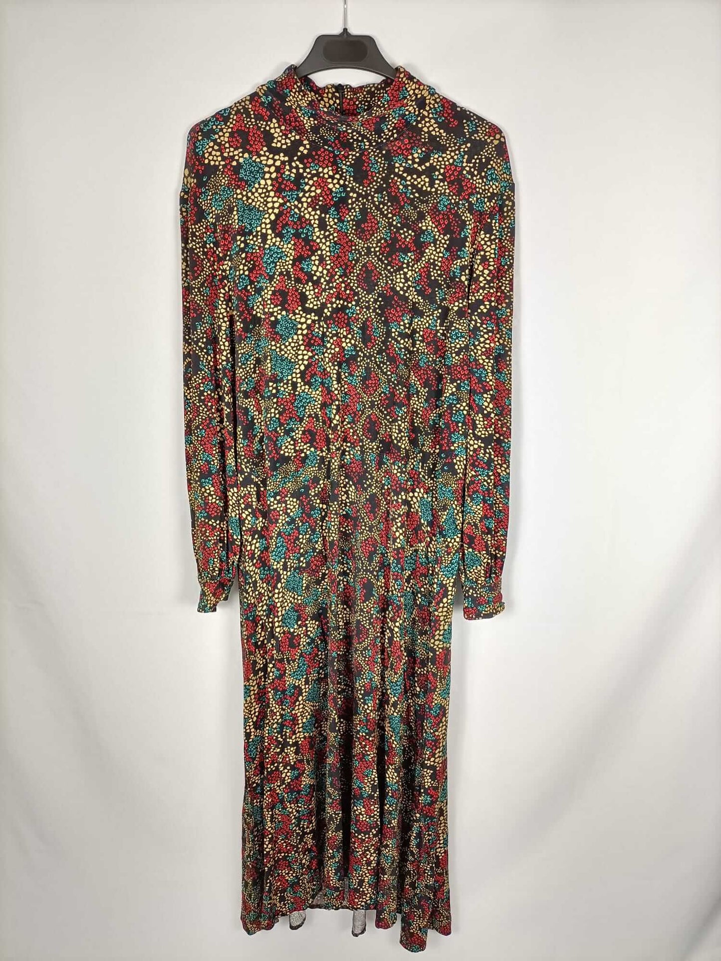 BIMBA Y LOLA. Vestido largo negro estampado elástico T. m