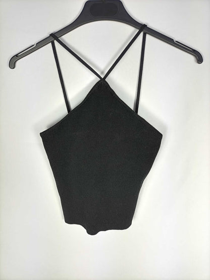 ZARA. Black ribbed halter neck crop top with straps Ts