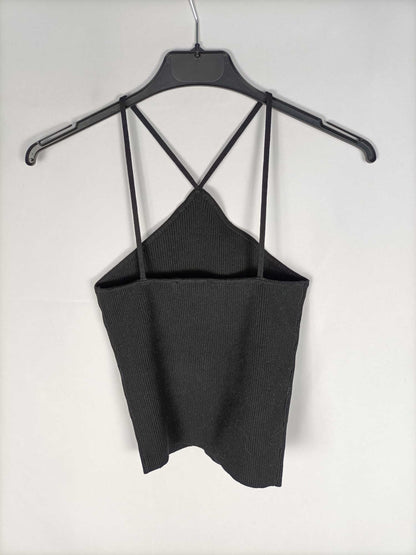 ZARA. Black ribbed halter neck crop top with straps Ts