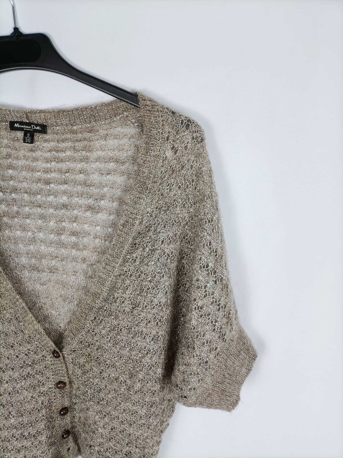 MASSIMO DUTTI. Cardigan de punto fino beige con hilos plateados T s