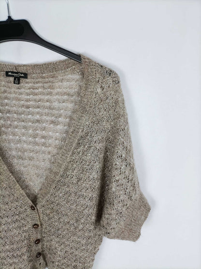 MASSIMO DUTTI. Cardigan de punto fino beige con hilos plateados T s
