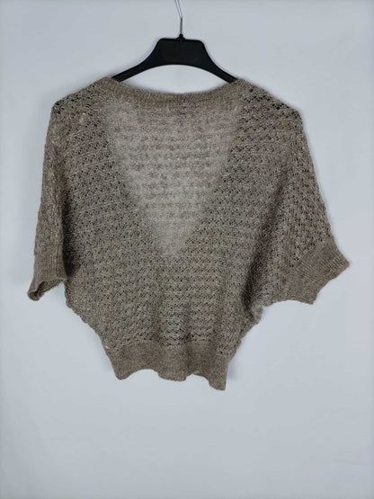 MASSIMO DUTTI. Cardigan de punto fino beige con hilos plateados T s