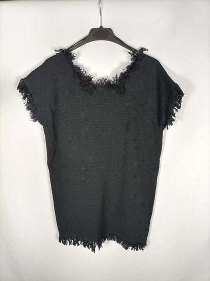 MANGO. Vestido negro punto flecos T.l