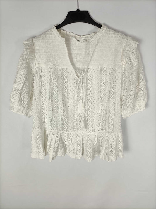 MANGO. Top beige encaje T.m