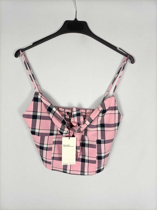 BERSHKA. Top rosa cuadros T.m