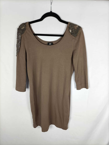 H&amp;M. Brown rhinestone shoulder dress Tm