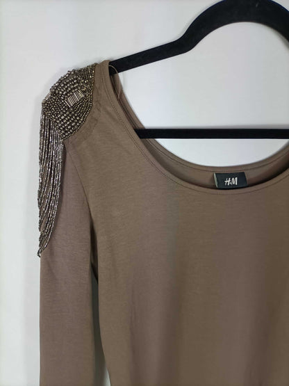 H&amp;M. Brown rhinestone shoulder dress Tm