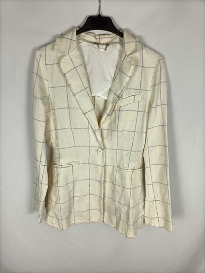 MANILA GRACE.Blue checked linen jacket S.40