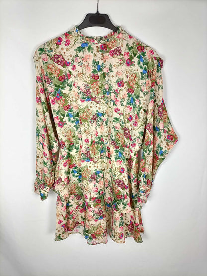 ZARA. Vestido beige flores T.xs